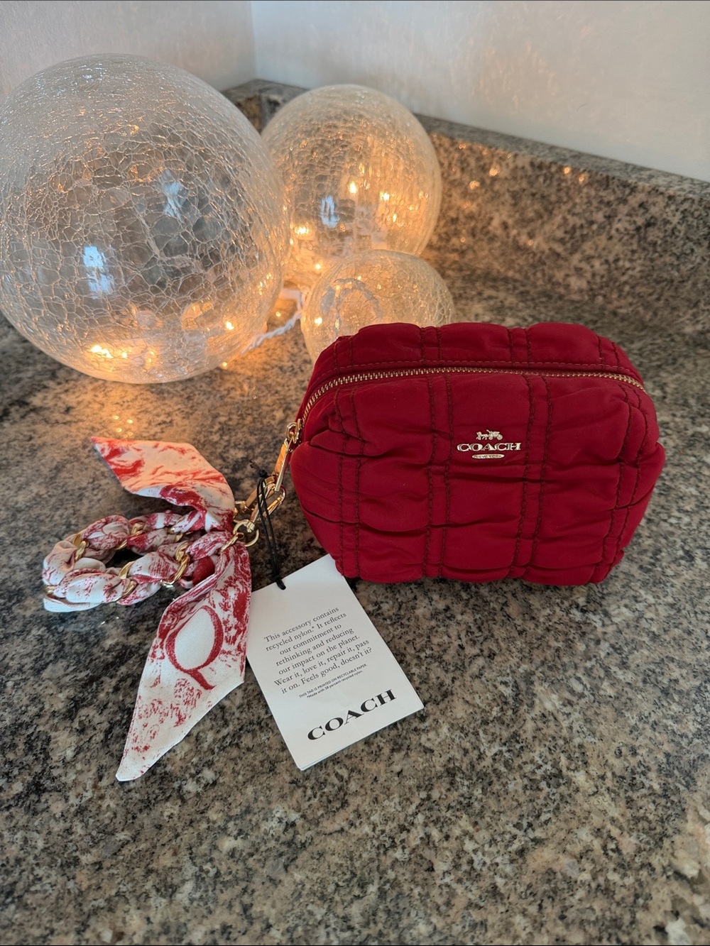 Coach Red Quilted Pouch with Scarf-Tied Strap